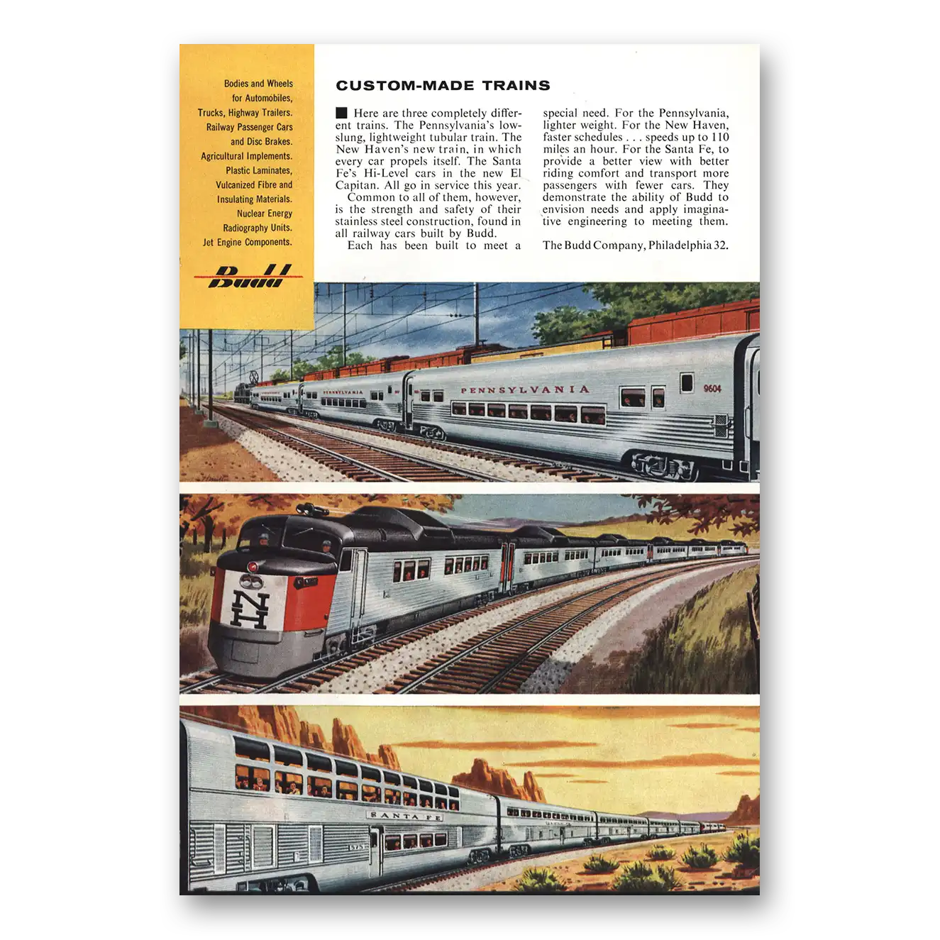 1956 Budd Custom Made Trains Vintage Magazine Print Ad