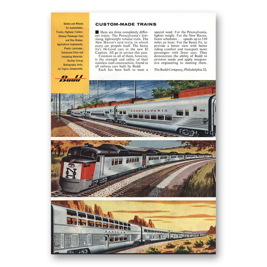 1956 Budd Custom Made Trains Vintage Magazine Print Ad