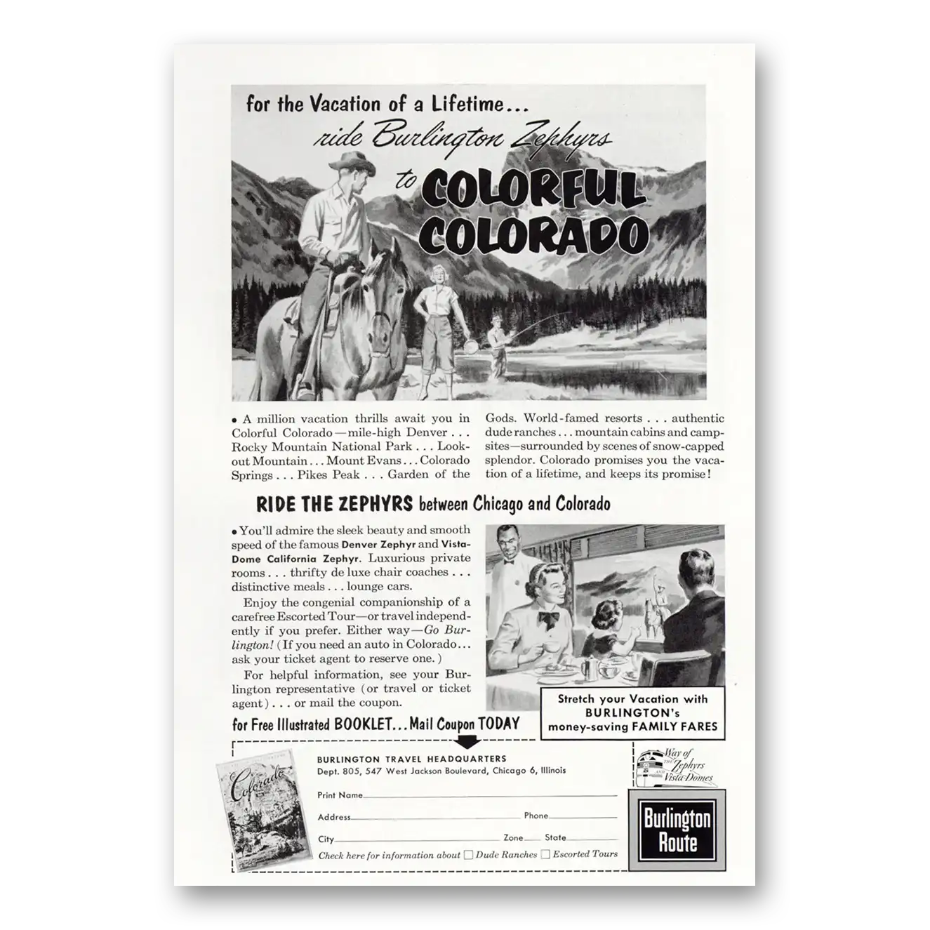 1956 Burlington Route Ride Burlington Zephyrs to Colorful Colorado Vintage Magazine Print Ad