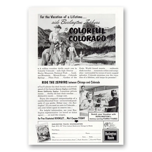 1956 Burlington Route Ride Burlington Zephyrs to Colorful Colorado Vintage Magazine Print Ad