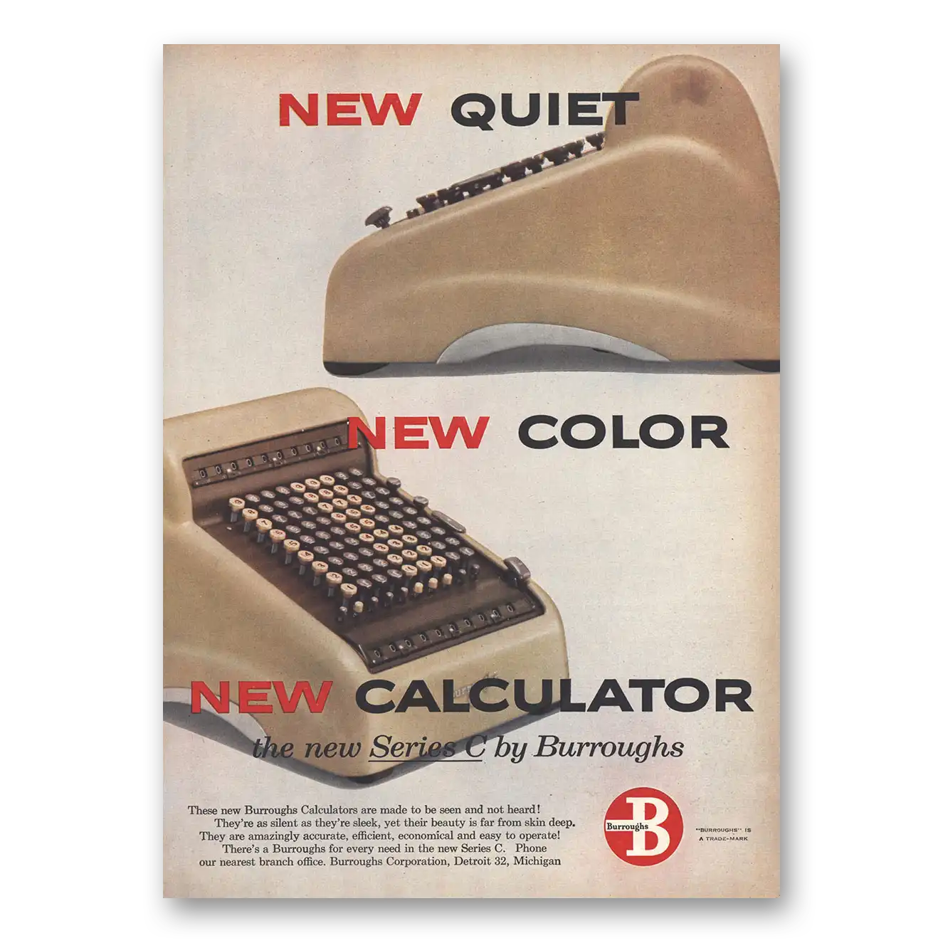 1956 Burroughs Calculators New Quiet New Color New Calculator Vintage Magazine Print Ad