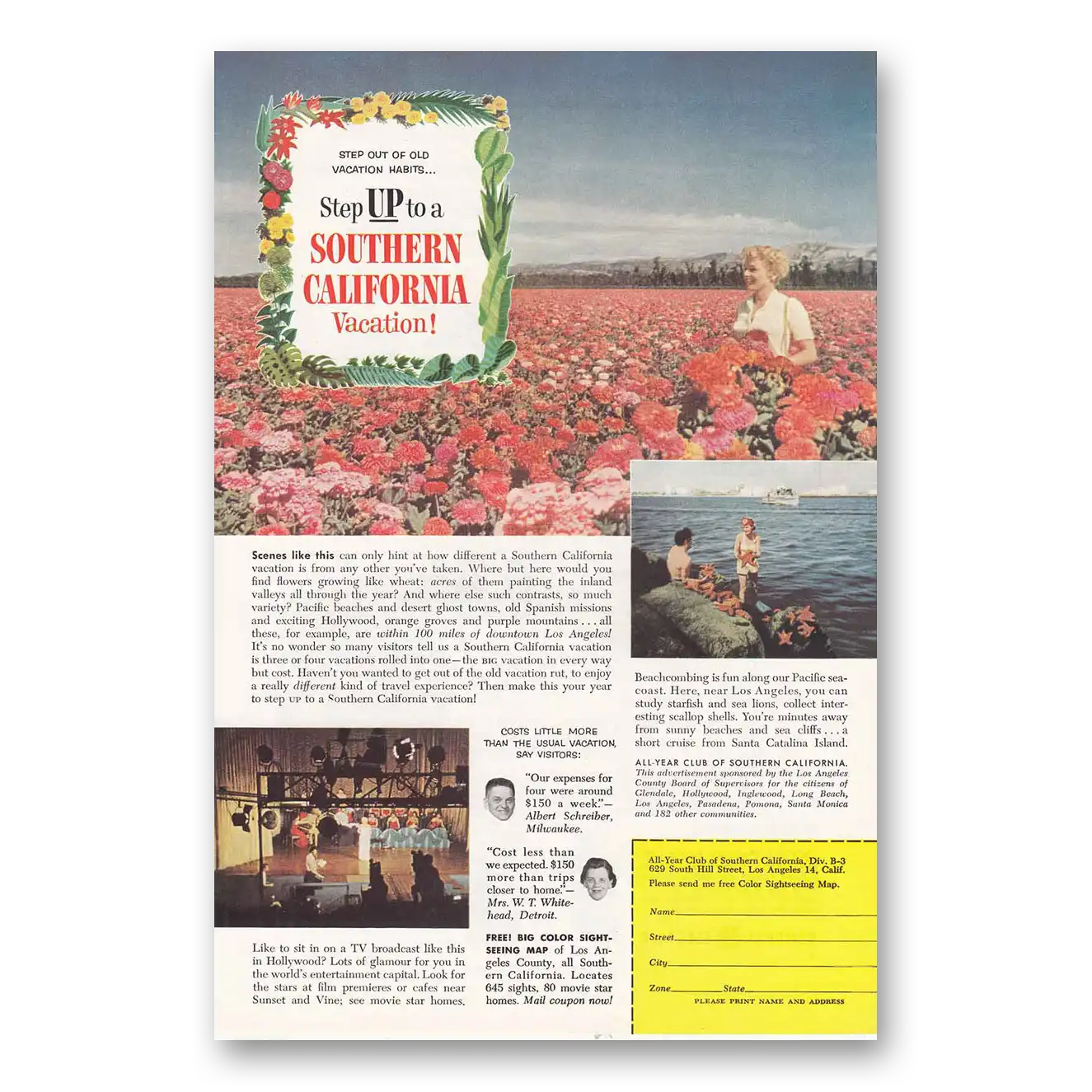 1956 Southern California Pink Red Flowers Vintage Magazine Print Ad