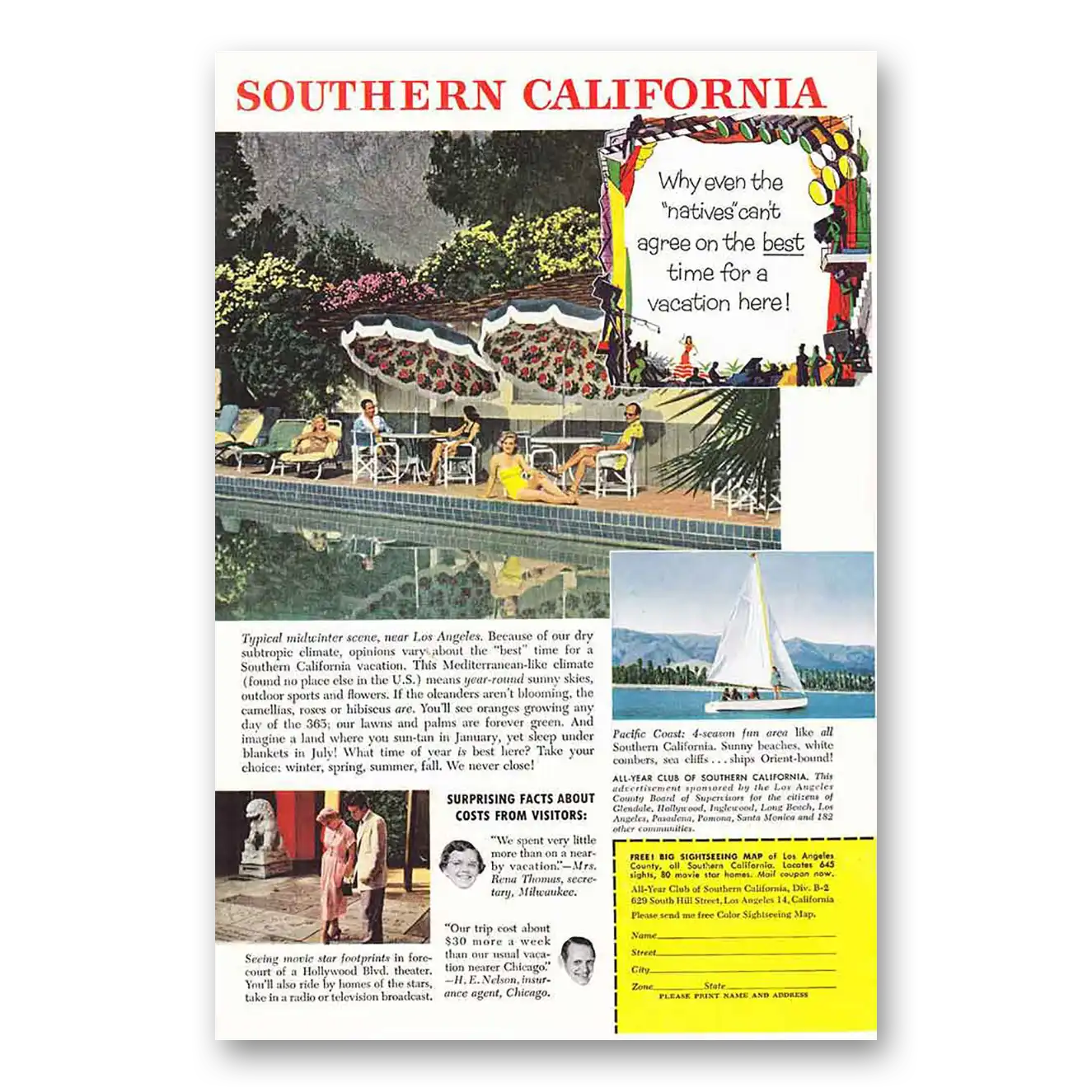 1956 Southern California Typical Midwinter Scene Vintage Magazine Print Ad