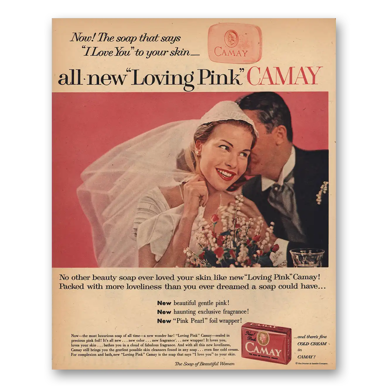 1956 Camay Soap Loving Pink Vintage Magazine Print Ad