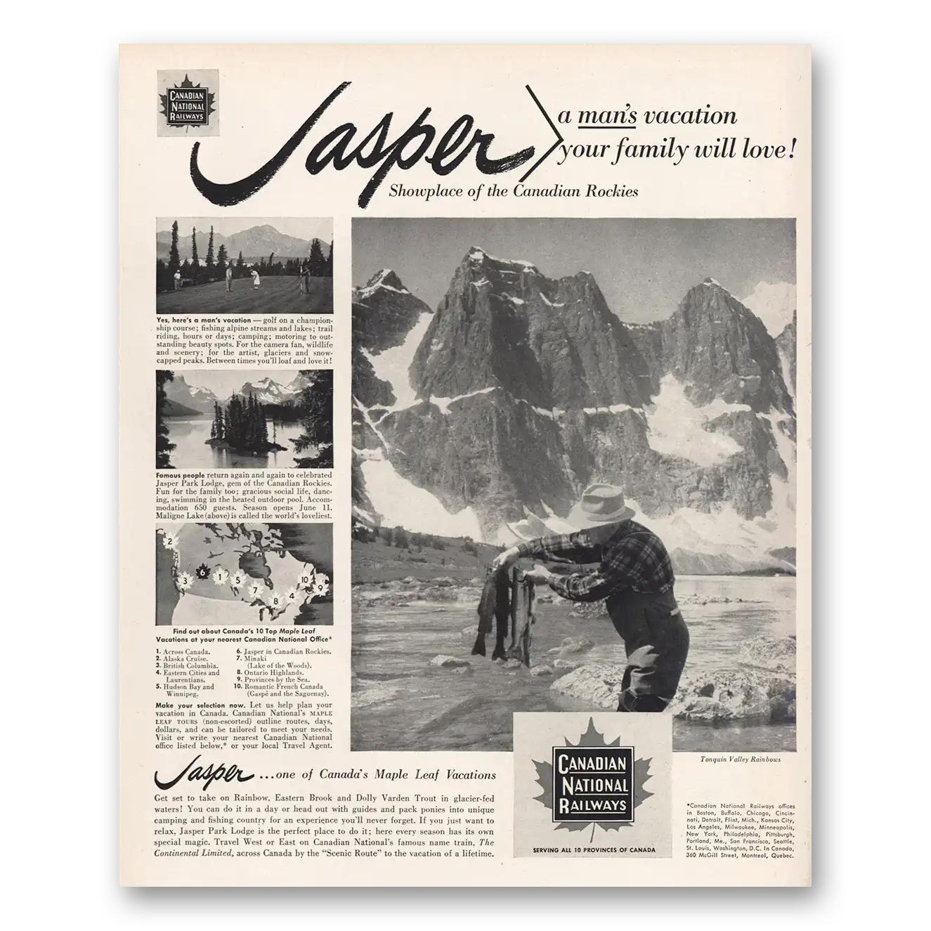 1956 Canadian National Railways Jasper Canadian Rockies Vintage Magazine Print Ad