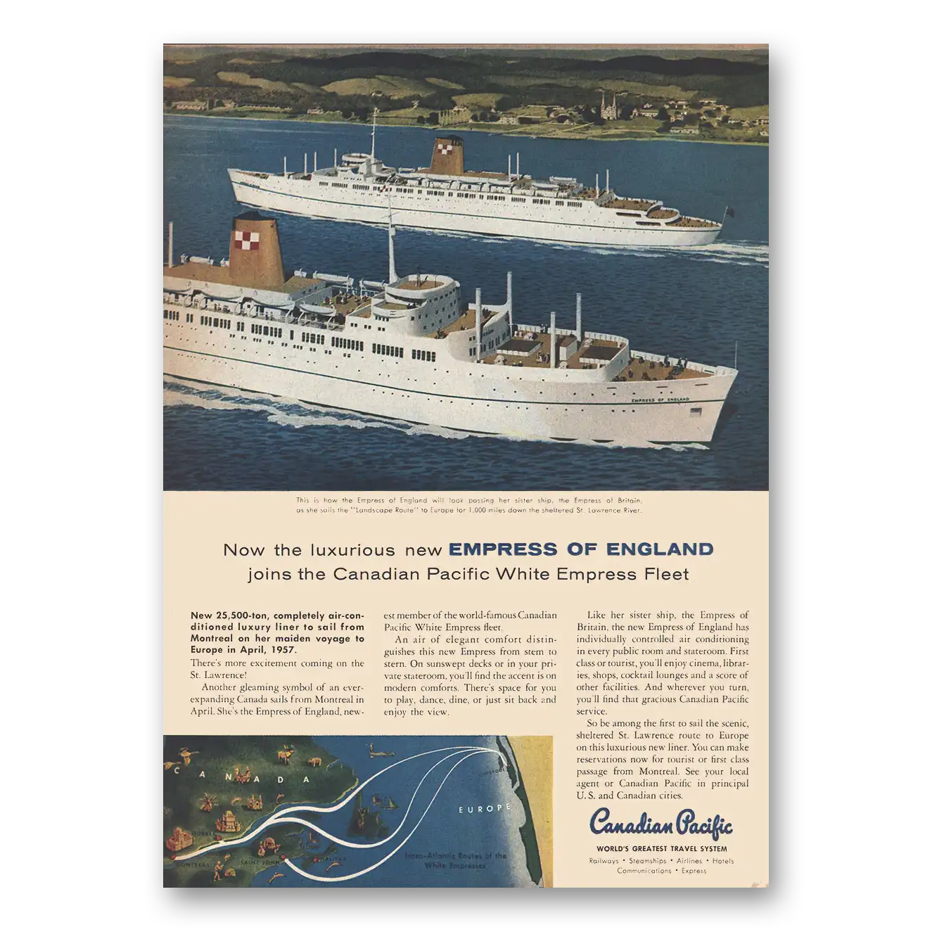 1956 Canadian Pacific Empress of England Vintage Magazine Print Ad