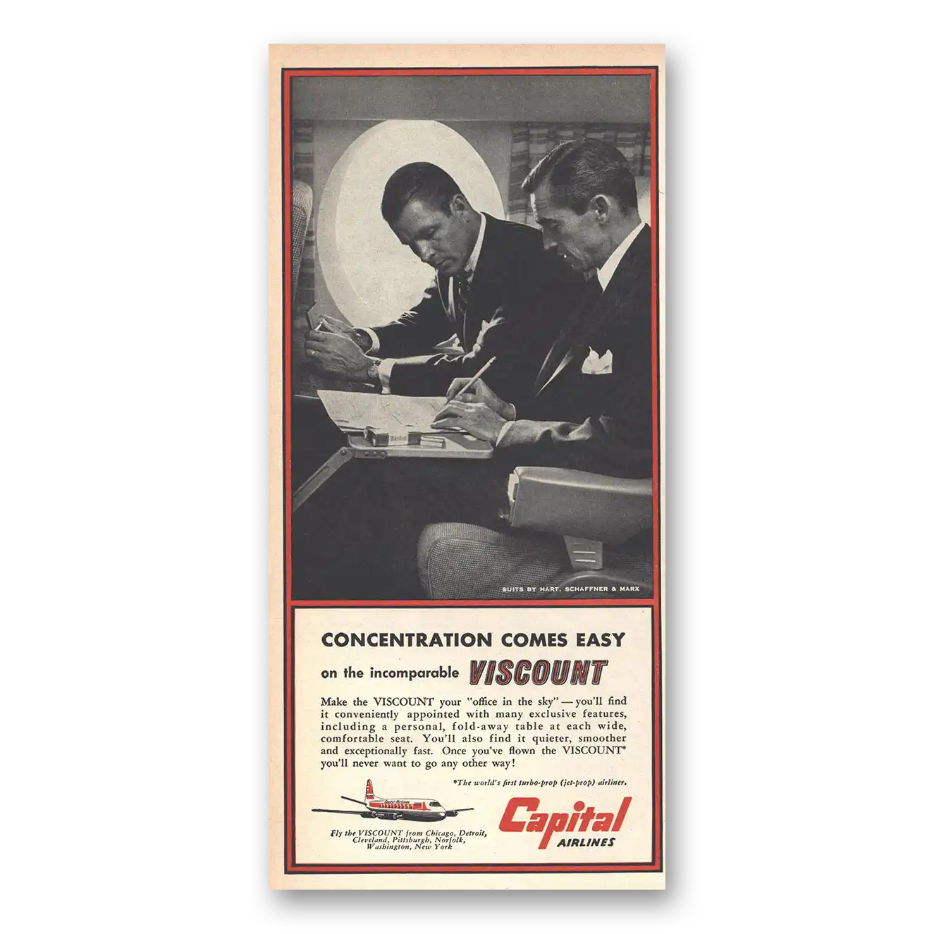 1956 Capital Airlines Concentration Comes Easy Viscount Vintage Magazine Print Ad