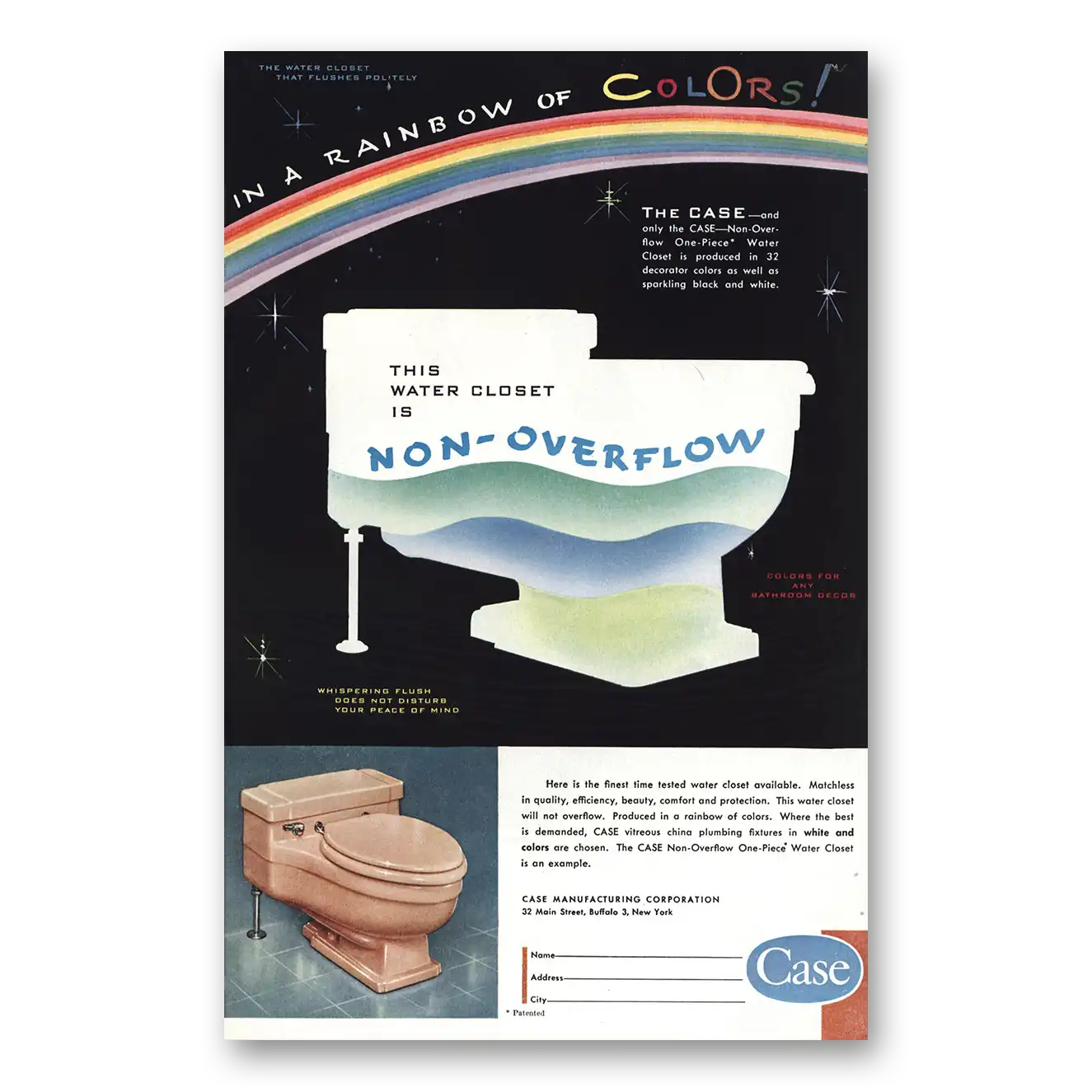 1956 Case Water Closet Rainbow of Colors Vintage Magazine Print Ad