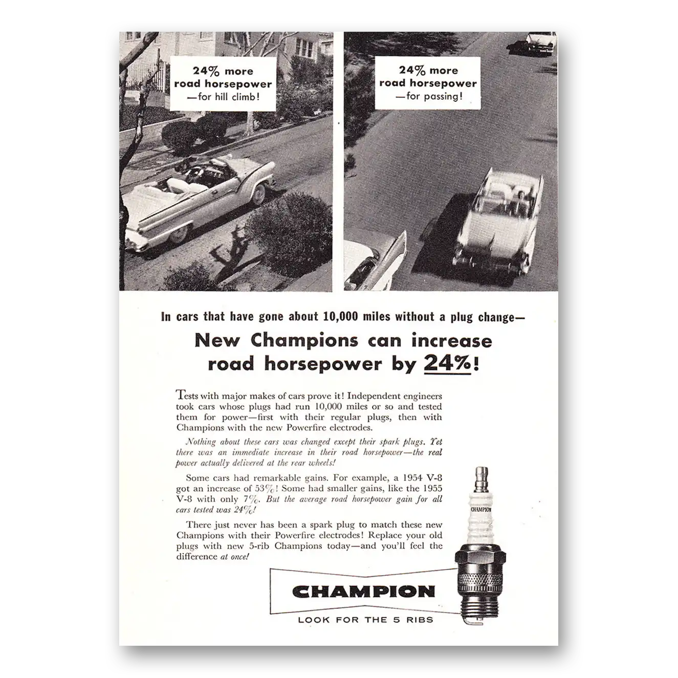 1956 Champion Spark Plugs Increase Road Horsepower Vintage Magazine Print Ad