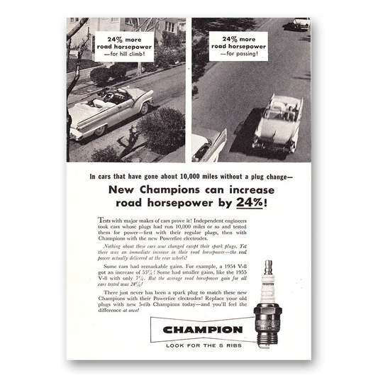 1956 Champion Spark Plugs Increase Road Horsepower Vintage Magazine Print Ad