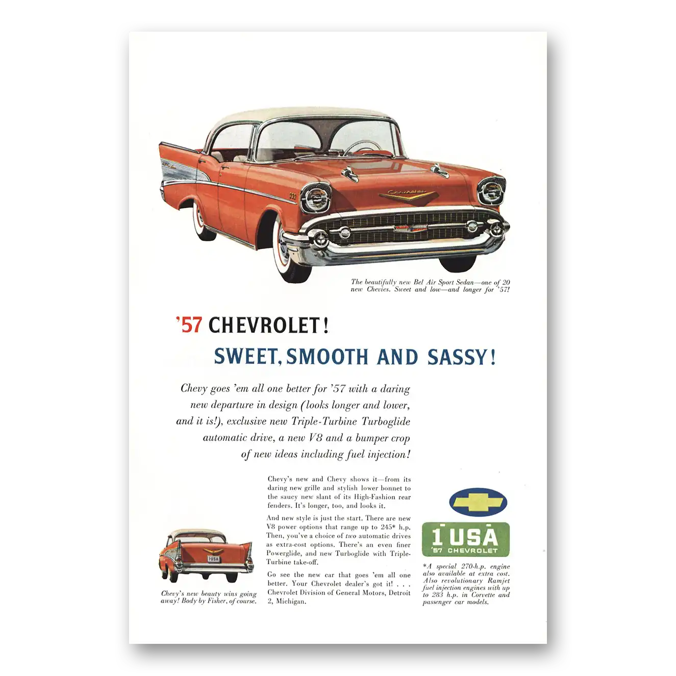 1956 Chevrolet Bel Air Triple Turbine Sweet Smooth and Sassy Vintage Magazine Print Ad