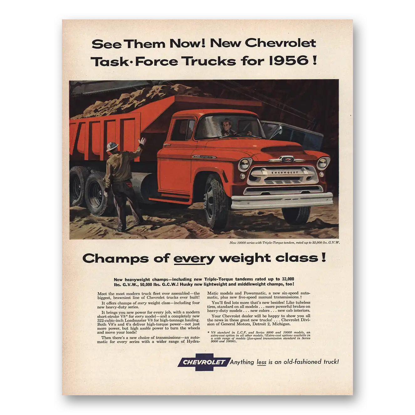 1956 Chevrolet Task Force Trucks Champs Every Weight Class Vintage Magazine Print Ad