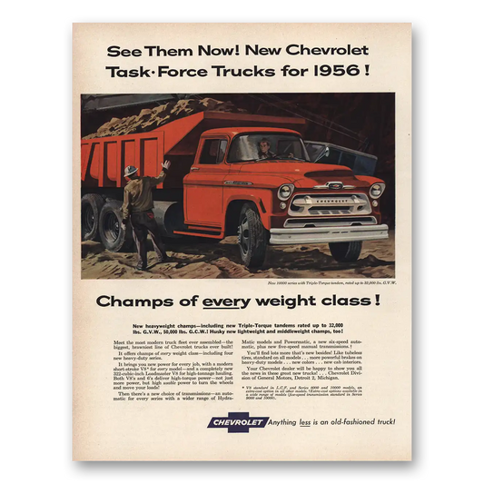 1956 Chevrolet Task Force Trucks Champs Every Weight Class Vintage Magazine Print Ad