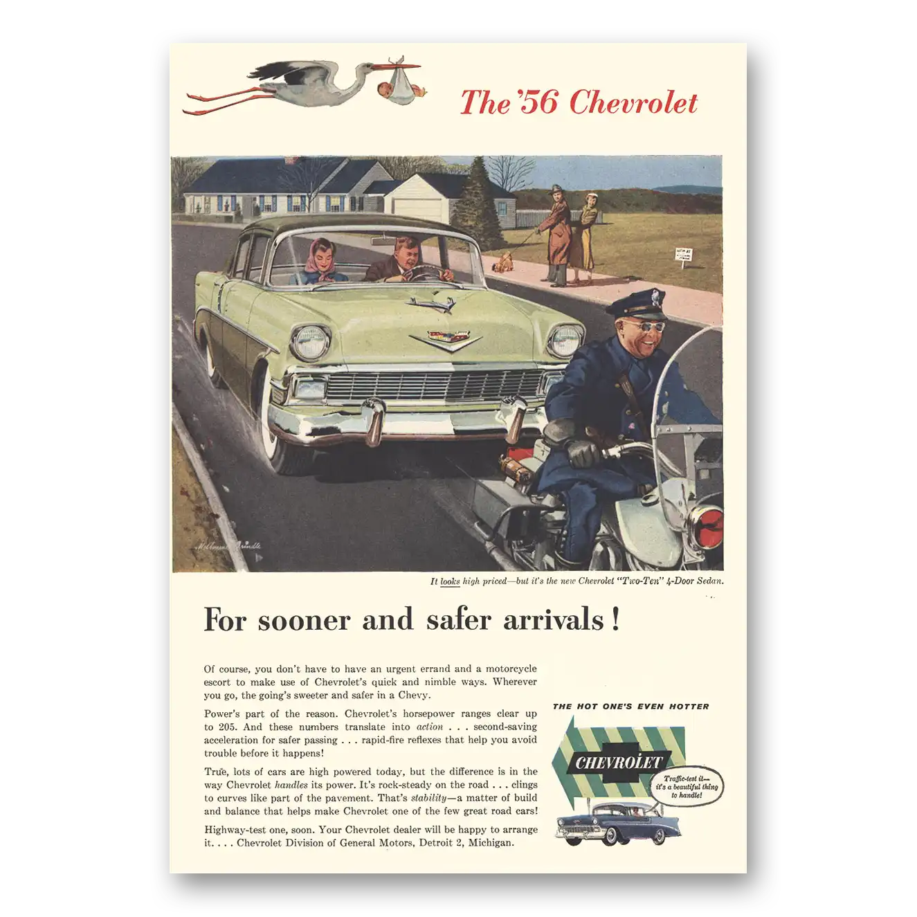 1956 Chevrolet Two Ten For Sooner and Safer Arrivals Stork Vintage Magazine Print Ad