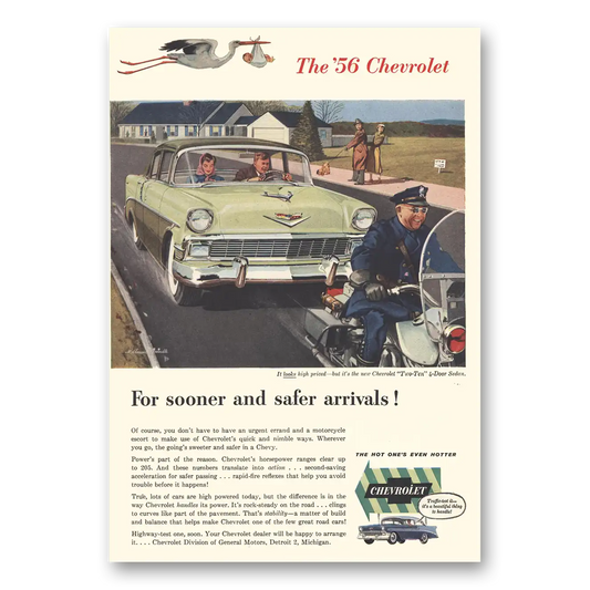 1956 Chevrolet Two Ten For Sooner and Safer Arrivals Stork Vintage Magazine Print Ad