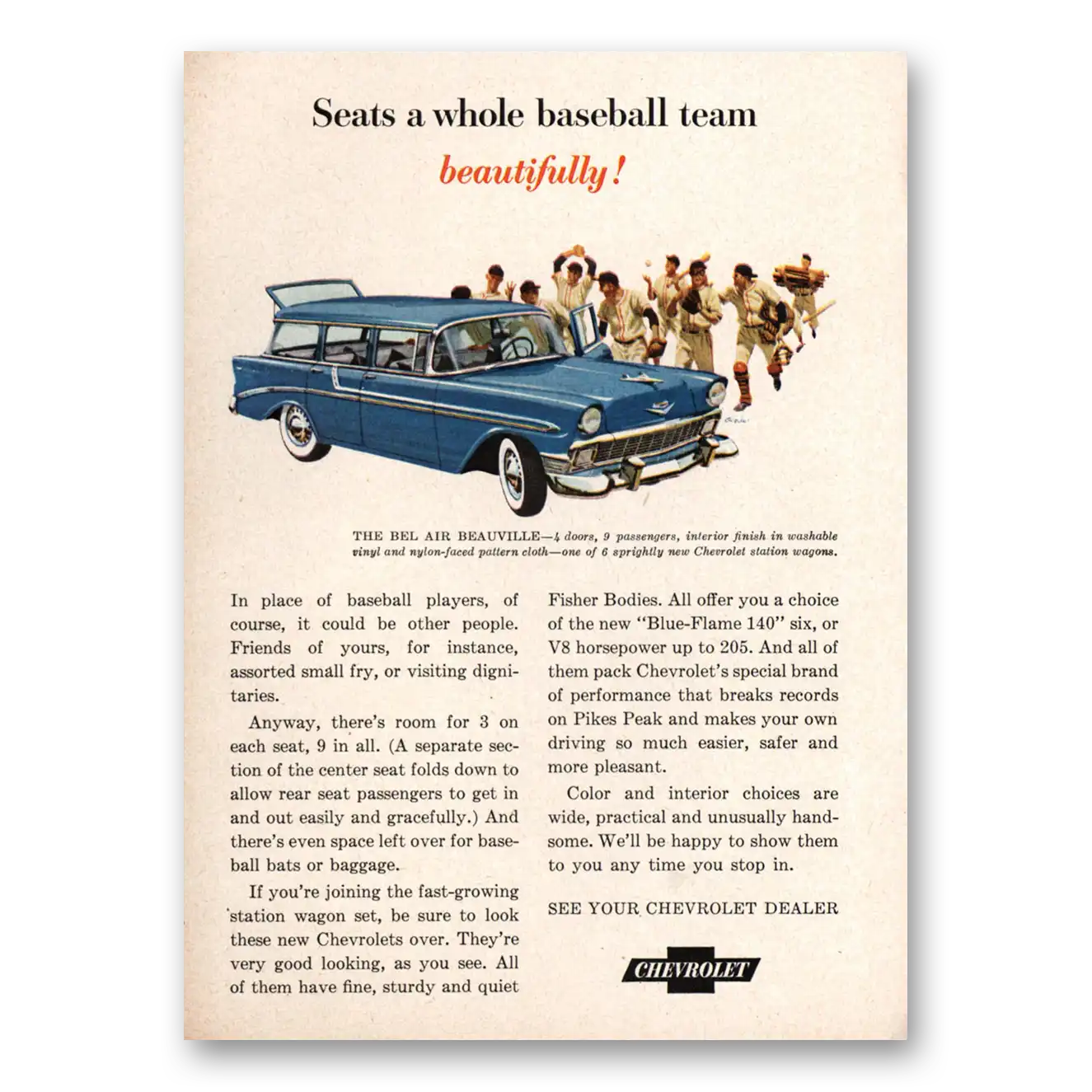 1956 Chevrolet Bel Air Beauville Whole Baseball Team Vintage Magazine Print Ad