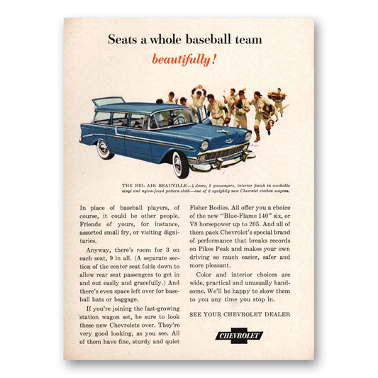 1956 Chevrolet Bel Air Beauville Whole Baseball Team Vintage Magazine Print Ad