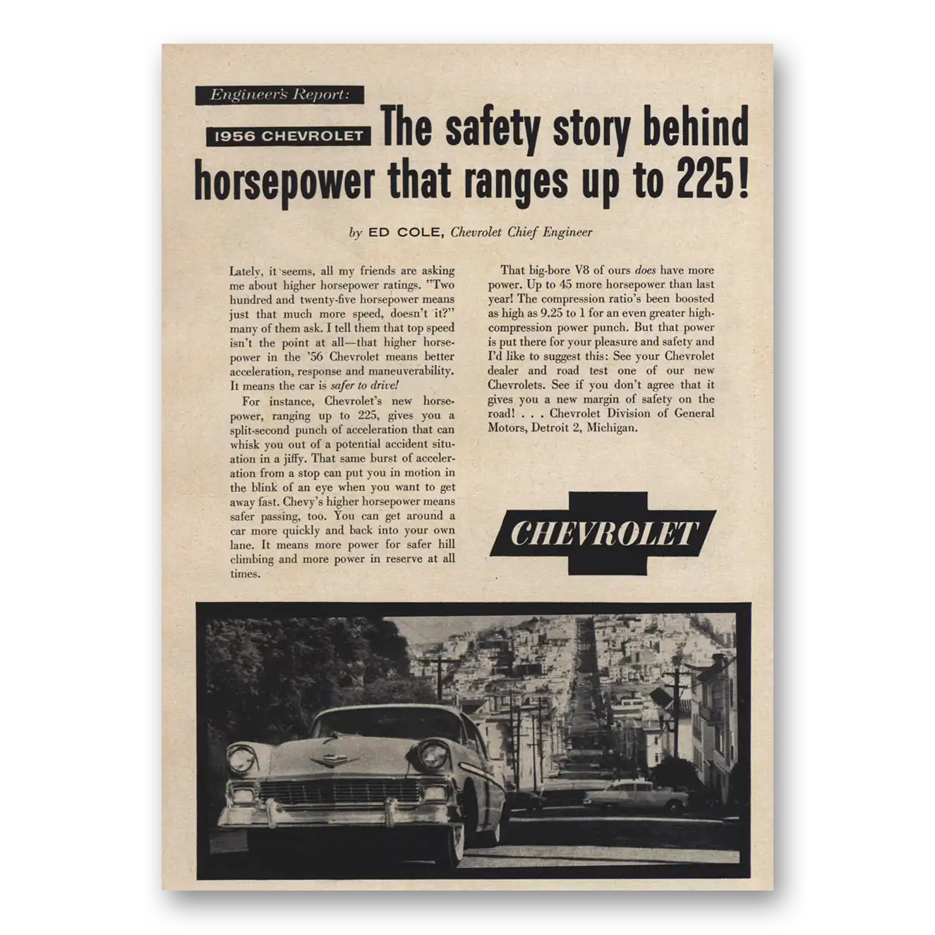 1956 Chevrolet Horsepower That Ranges Up To 225 Vintage Magazine Print Ad