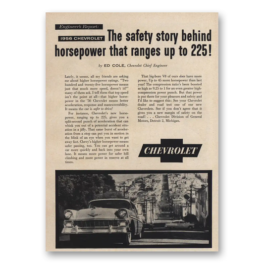 1956 Chevrolet Horsepower That Ranges Up To 225 Vintage Magazine Print Ad