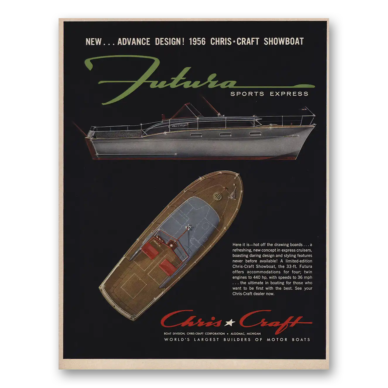 1955 Chris Craft Futura Sports Express Vintage Magazine Print Ad