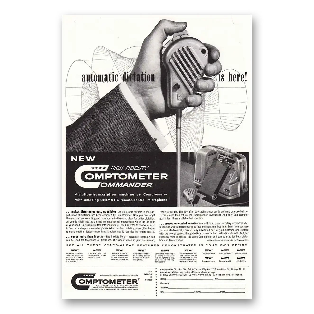 1956 Comptometer Commander Commander Automatic Dictation Vintage Magazine Print Ad