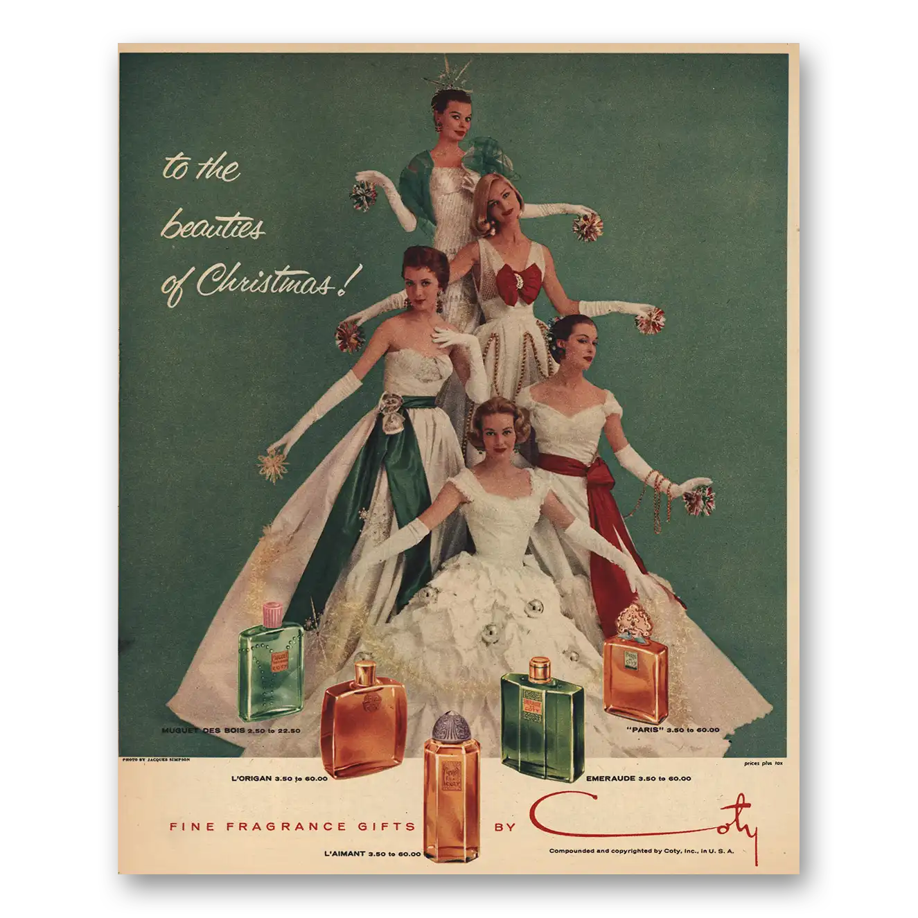 1956 Coty Perfume Beauties of Christmas Vintage Magazine Print Ad