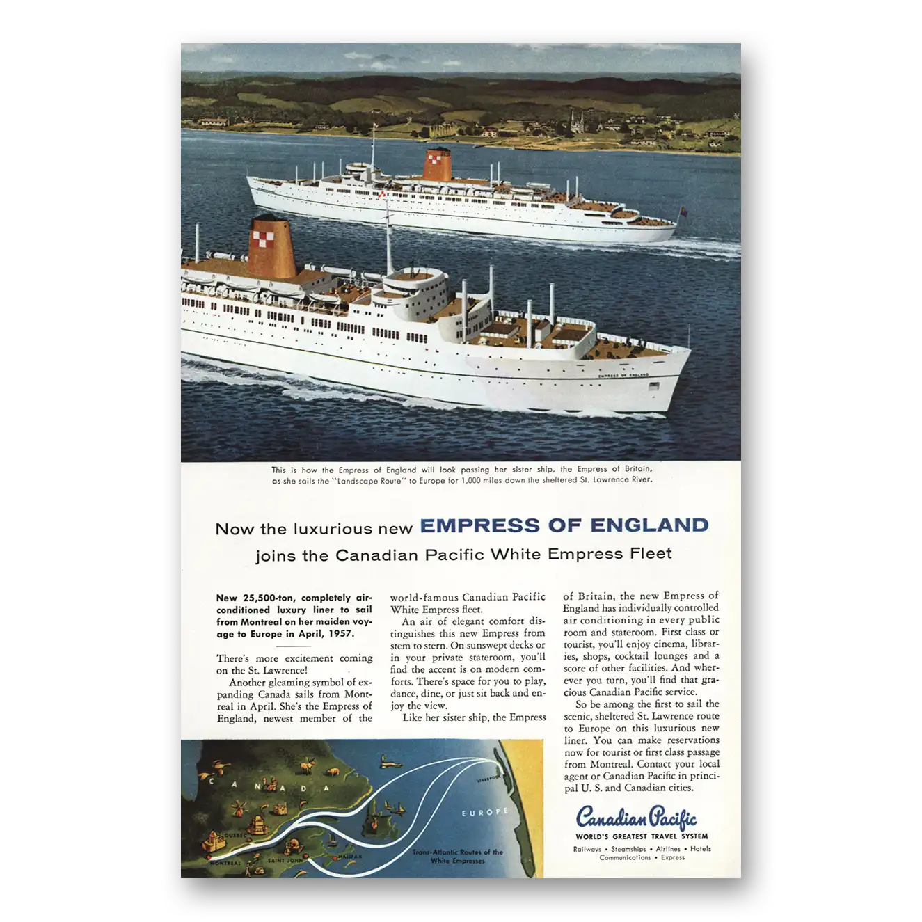 1956 Canadian Pacific Luxurious New Empress of England Vintage Magazine Print Ad