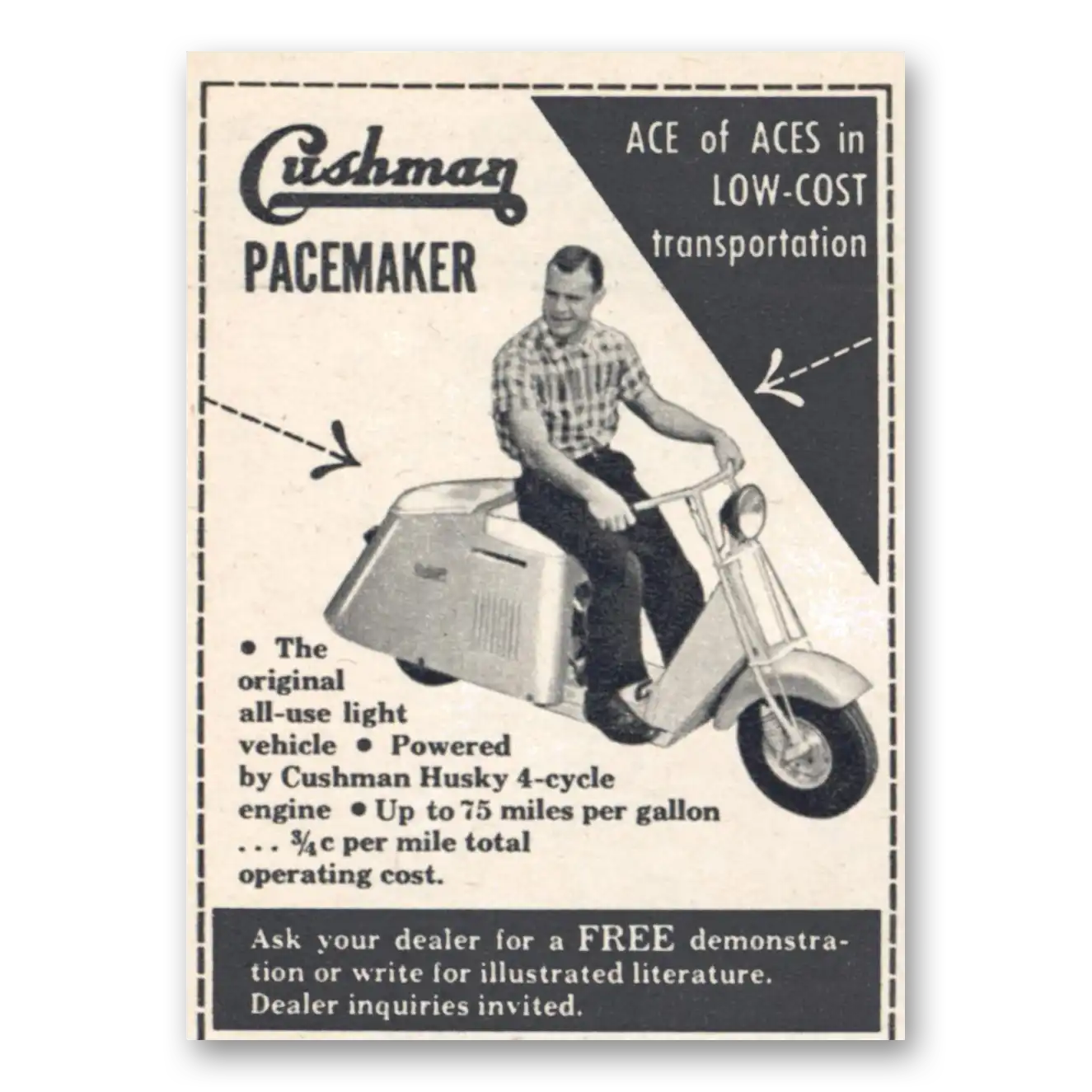 1956 Cushman Pacemaker Ace of Aces Vintage Magazine Print Ad