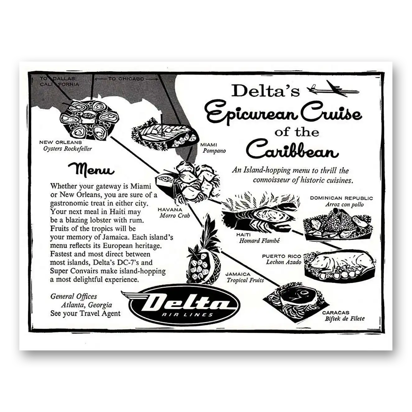 1956 Delta Air Lines Epicurean Cruise of the Caribbean Vintage Magazine Print Ad