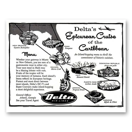 1956 Delta Air Lines Epicurean Cruise of the Caribbean Vintage Magazine Print Ad