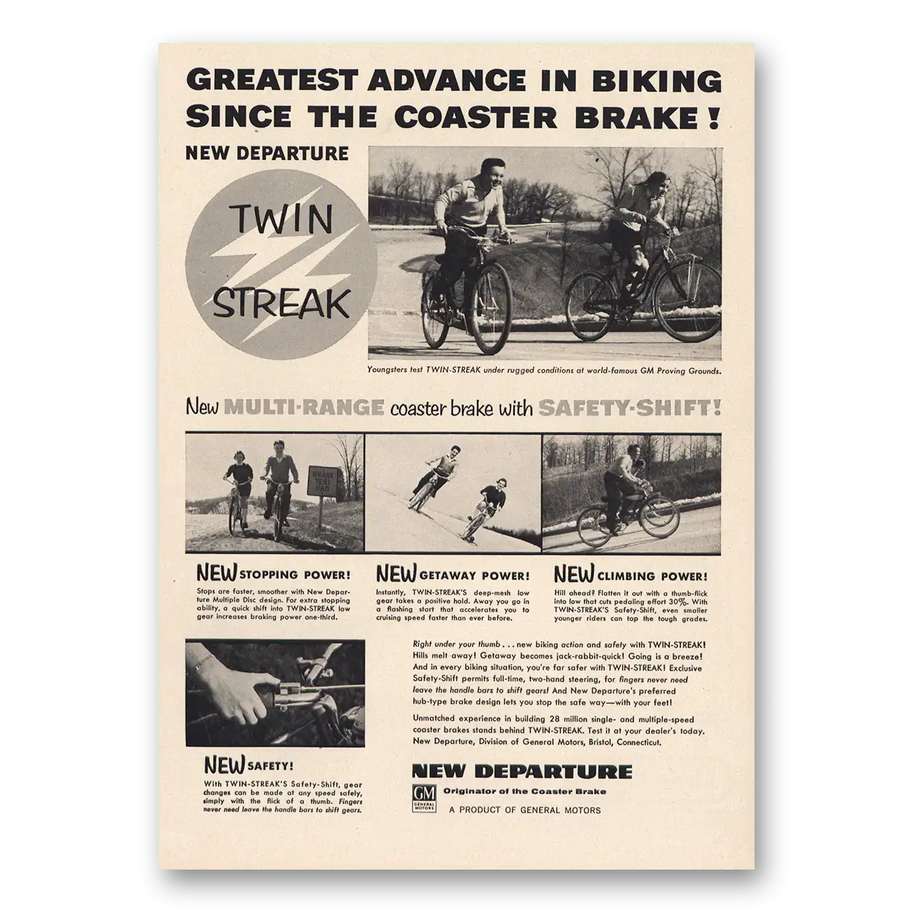 1956 New Departure Greatest Advance In Biking Coaster Brake Vintage Magazine Print Ad