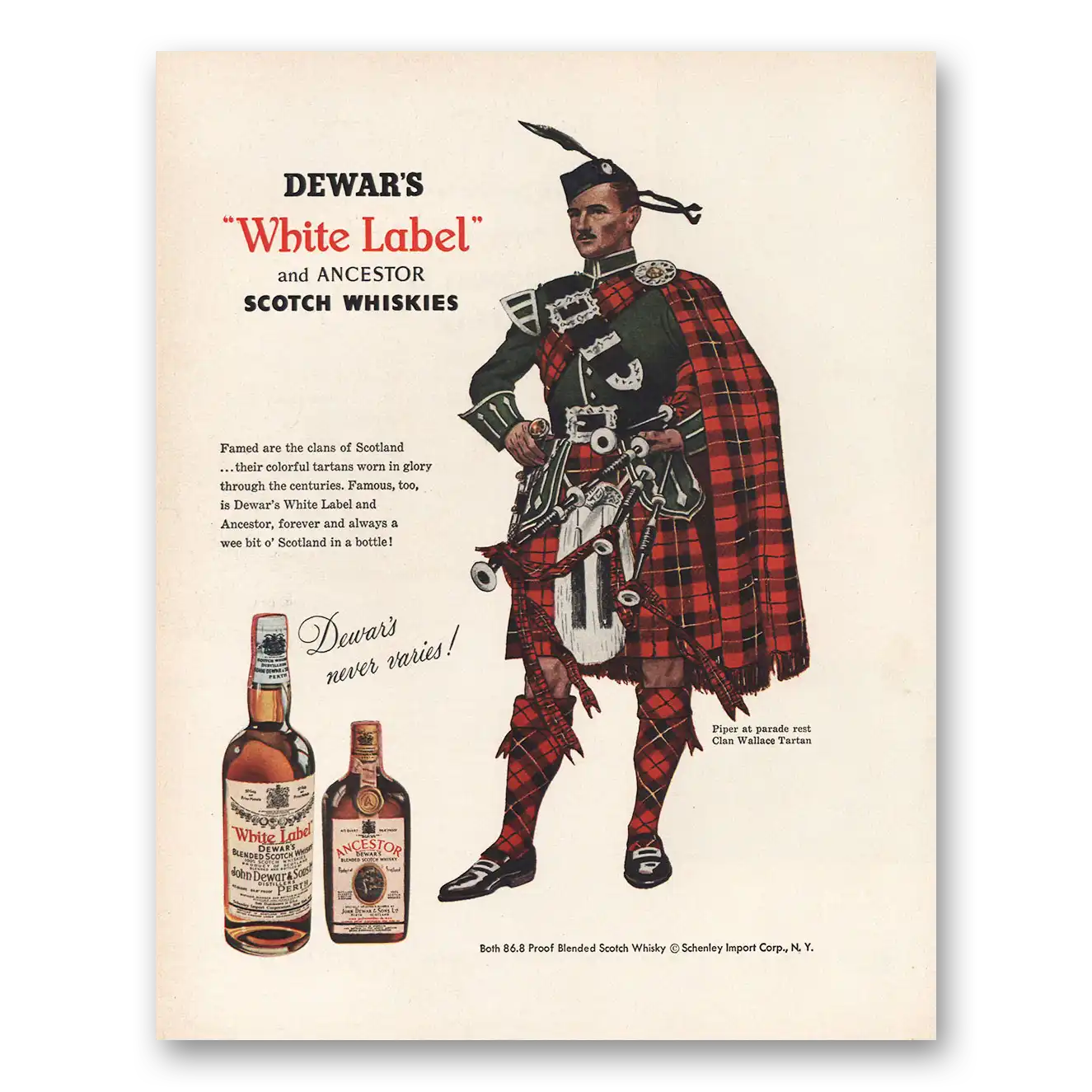 1956 Dewars White Label Piper at Parade Rest Vintage Magazine Print Ad