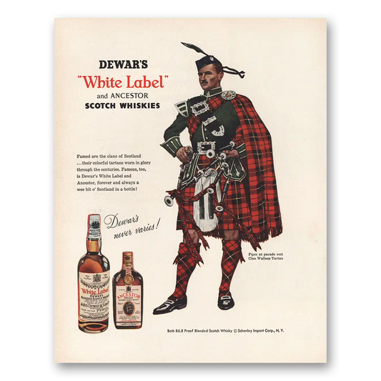 1956 Dewars White Label Piper at Parade Rest Vintage Magazine Print Ad