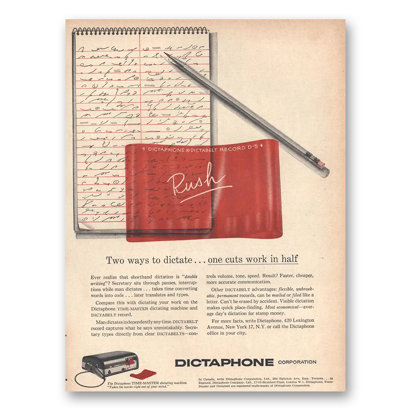 1956 Dictaphone Rush Two Ways to Dictate Vintage Magazine Print Ad