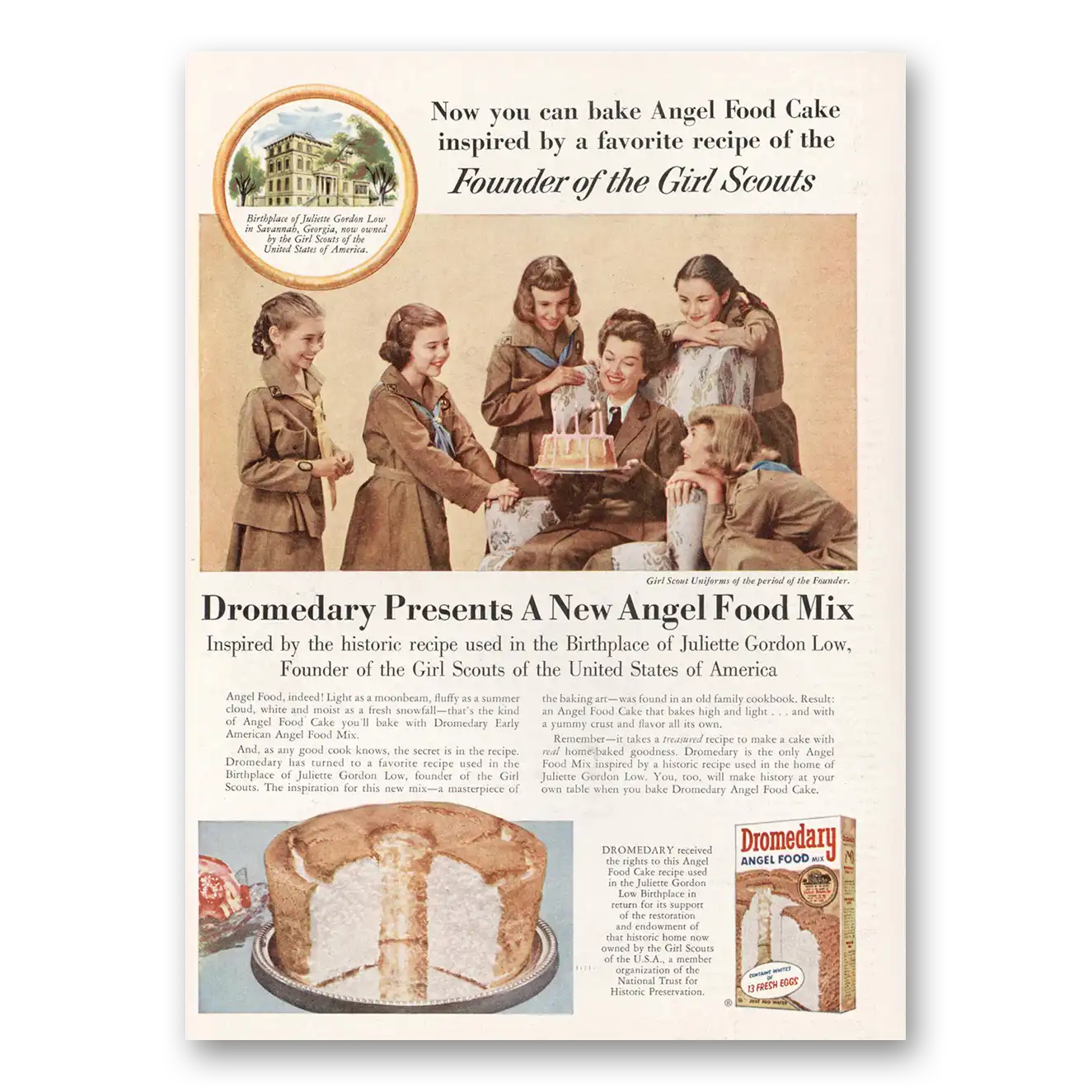 1956 Dromedary Angel Food Mix Founder of the Girl Scouts Vintage Magazine Print Ad