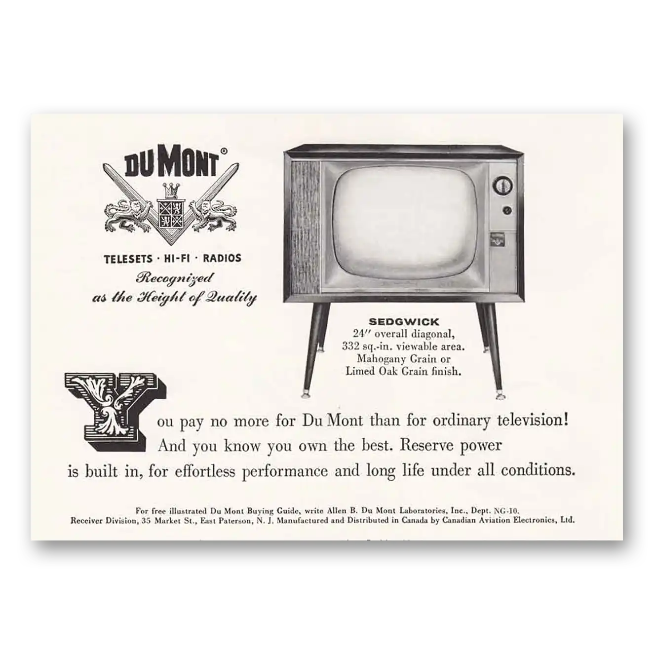 1956 DuMont Television Sedgwick Television You Pay No More Vintage Magazine Print Ad