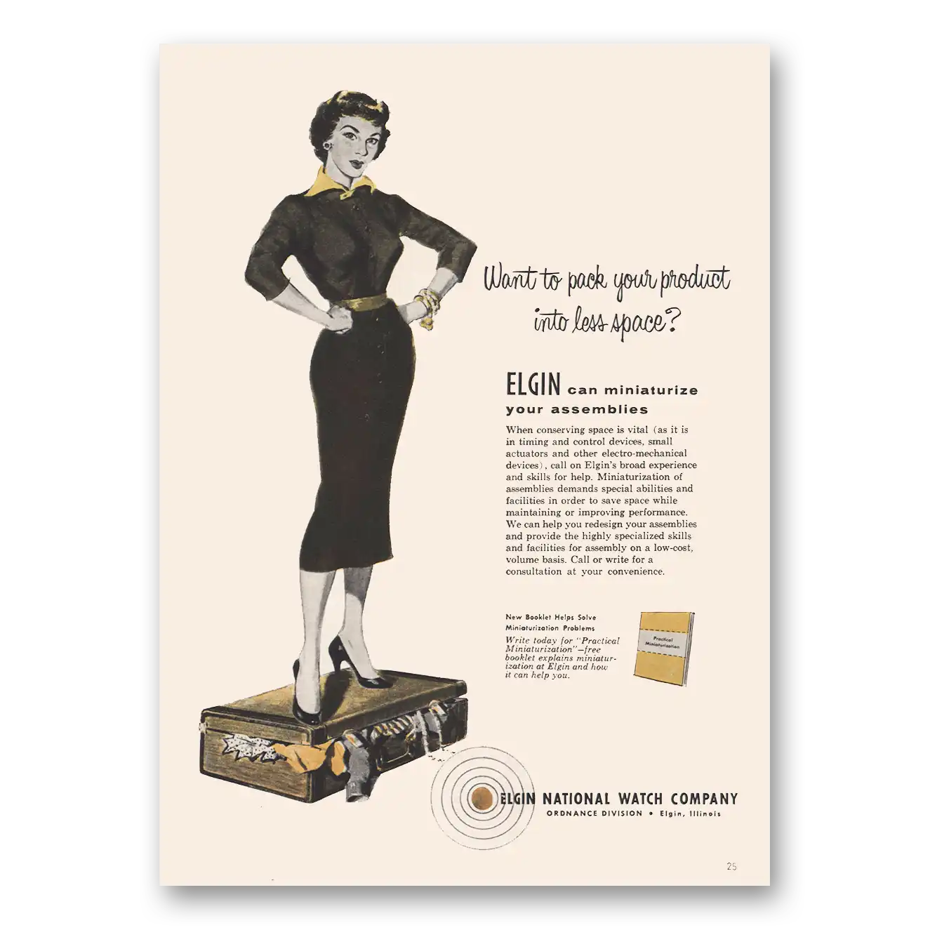 1956 Elgin Watch Pack Your Product Less Space Vintage Magazine Print Ad