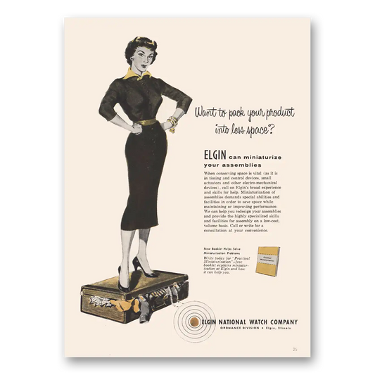 1956 Elgin Watch Pack Your Product Less Space Vintage Magazine Print Ad