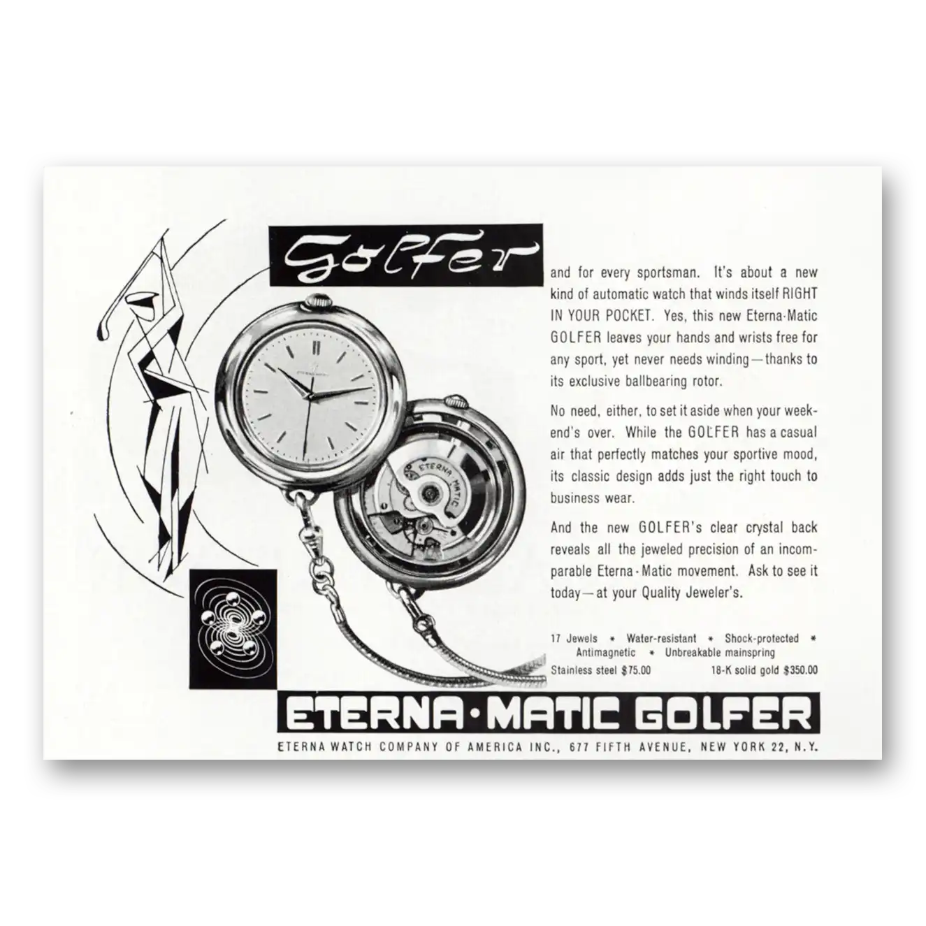 1956 Eterna Watch Golfer Watch Vintage Magazine Print Ad