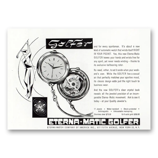 1956 Eterna Watch Golfer Watch Vintage Magazine Print Ad