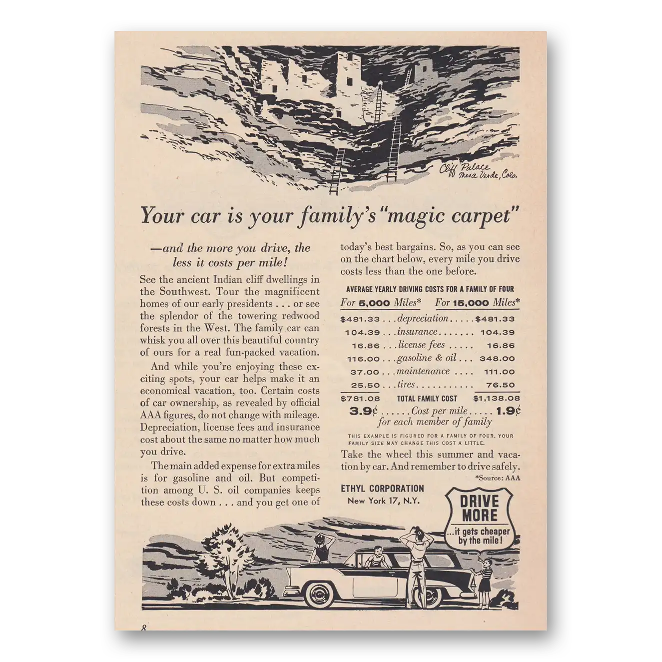 1956 Ethyl Gasoline Car Is Your Familys Magic Carpet Vintage Magazine Print Ad