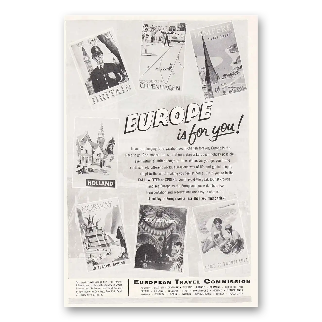 1956 Europe Europe Is For You Vintage Magazine Print Ad