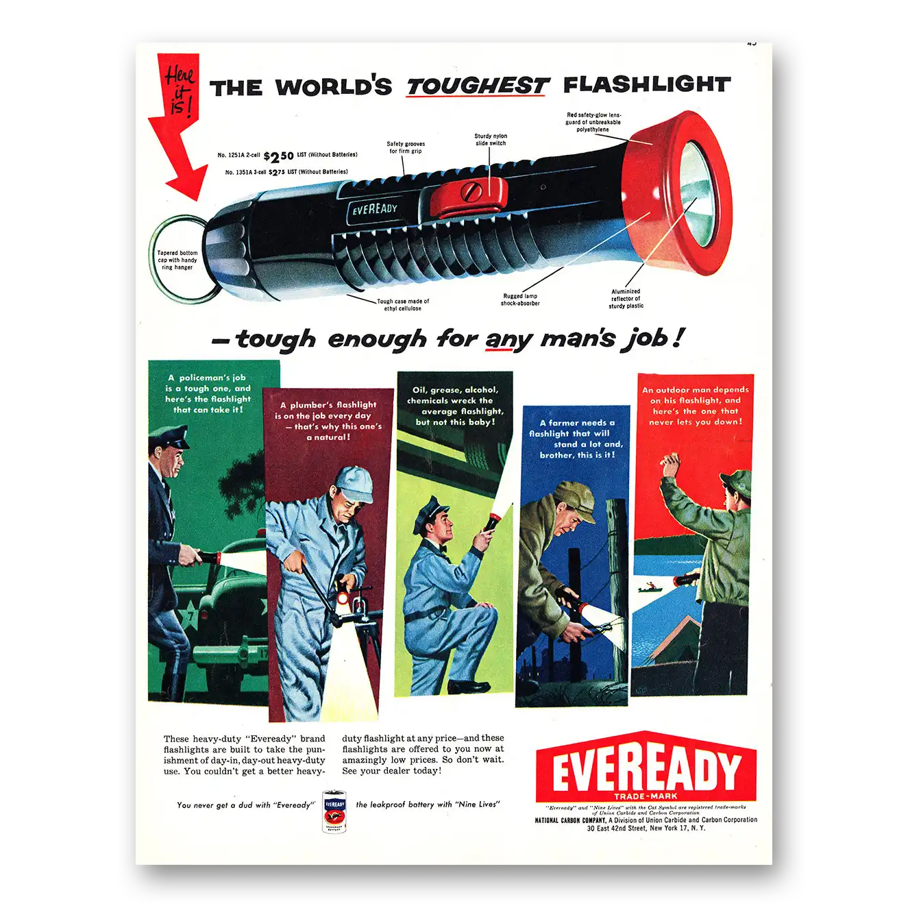 1956 Eveready Flashlight Tough Enough for Any Mans Job Vintage Magazine Print Ad