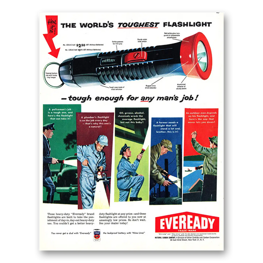 1956 Eveready Flashlight Tough Enough for Any Mans Job Vintage Magazine Print Ad