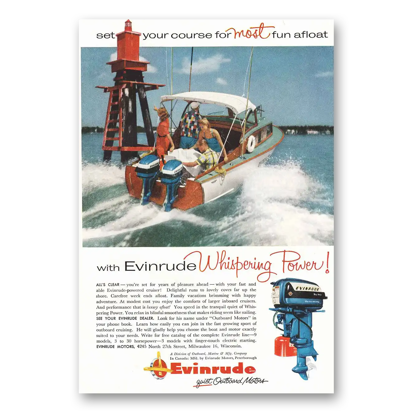 1956 Evinrude Whispering Power Vintage Magazine Print Ad