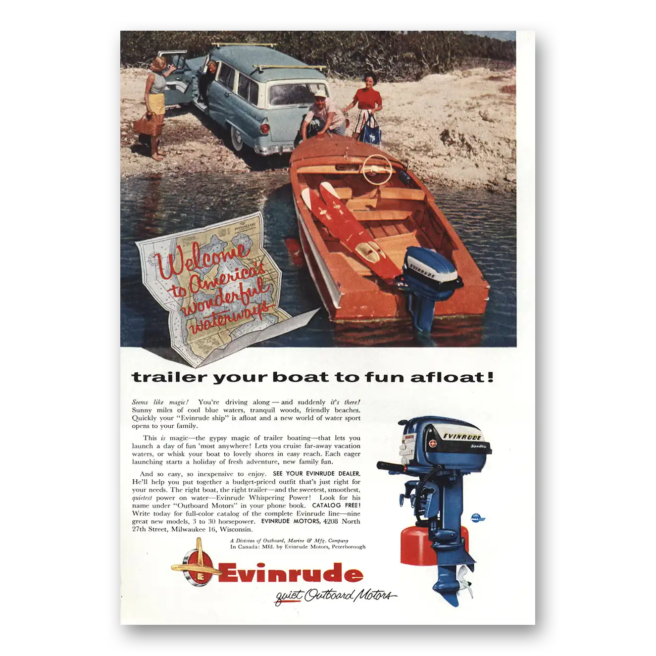 1956 Evinrude Trailer Your Boat to Fun Afloat Vintage Magazine Print Ad