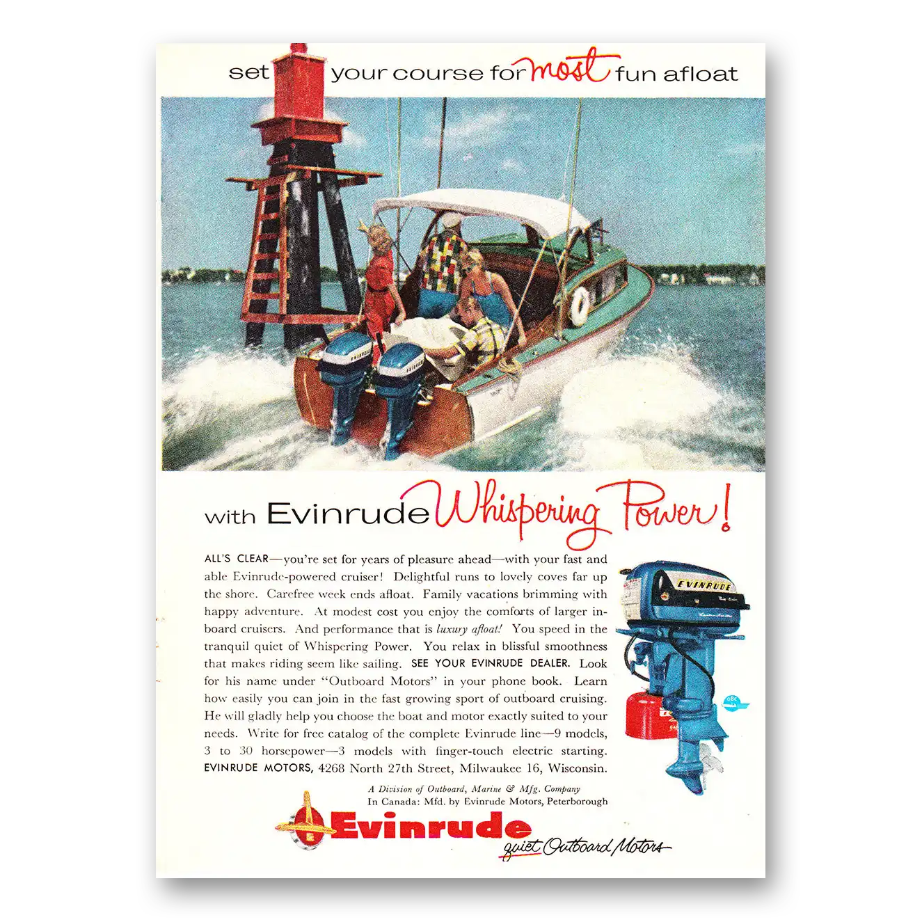 1956 Evinrude Set Your Course for Most Fun Afloat Vintage Magazine Print Ad