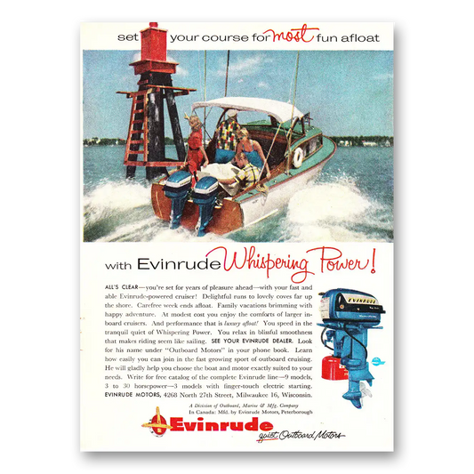 1956 Evinrude Set Your Course for Most Fun Afloat Vintage Magazine Print Ad