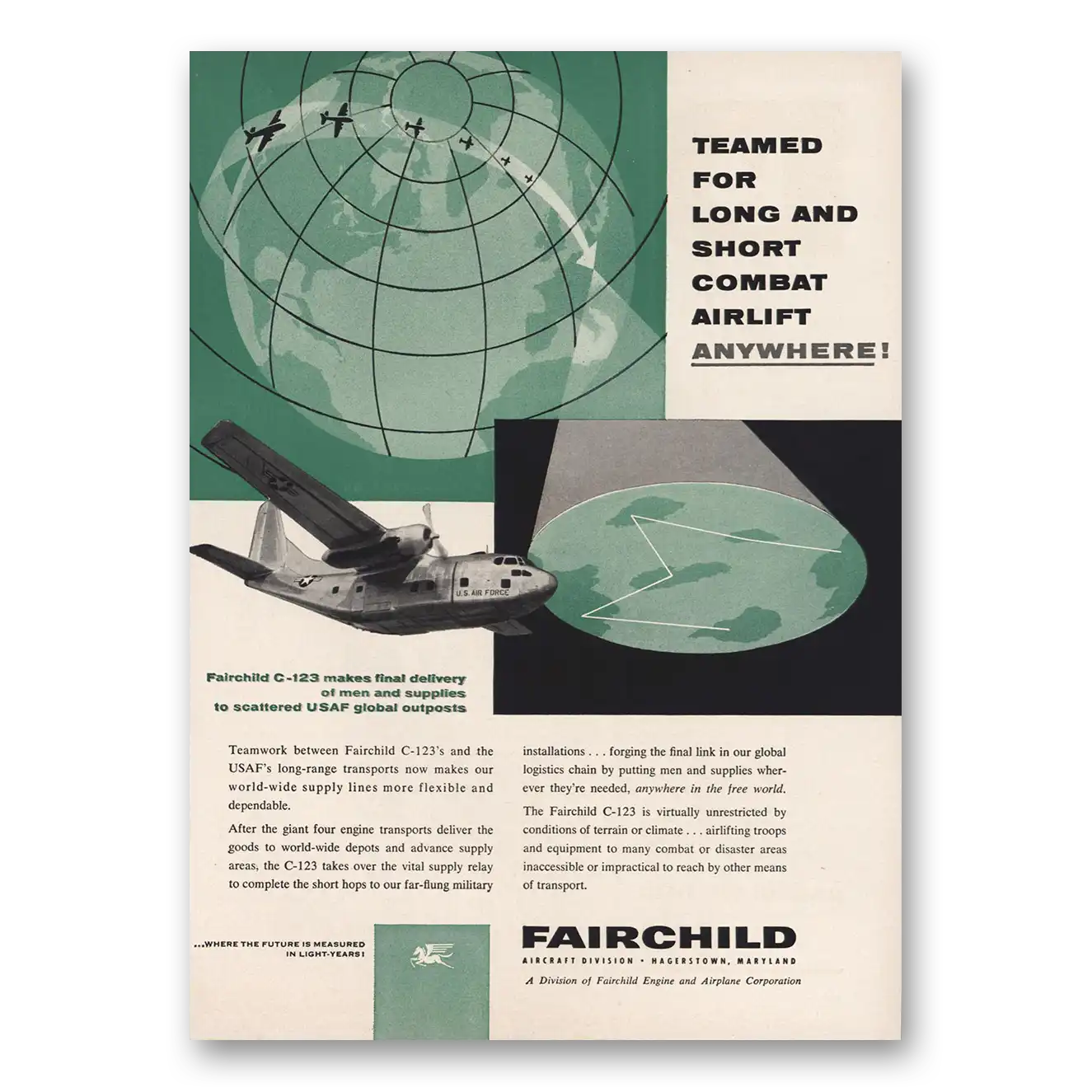 1956 Fairchild Engine Long Short Combat Airlift Vintage Magazine Print Ad