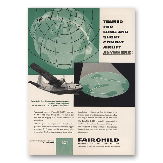 1956 Fairchild Engine Long Short Combat Airlift Vintage Magazine Print Ad